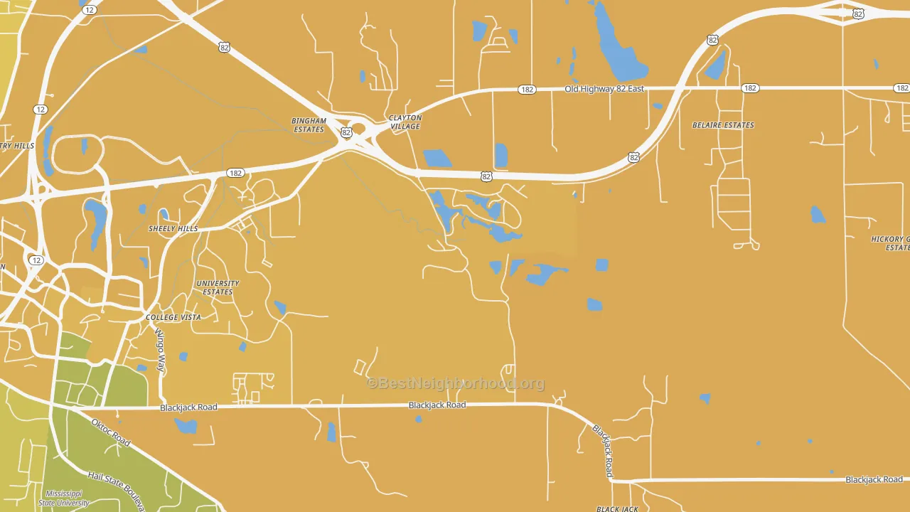 Map of the best neighborhoods in the Clayton Village area, with better matches in green and worse matches in red