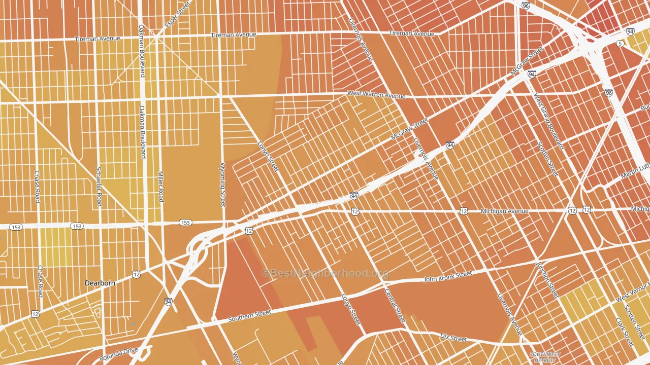 Map of the best neighborhoods in the Claytown, Detroit area, with better matches in green and worse matches in red
