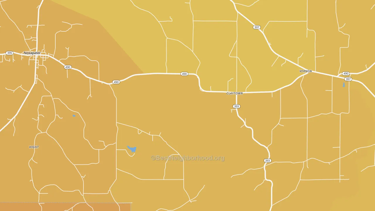 Map of the best neighborhoods in the Claytown area, with better matches in green and worse matches in red