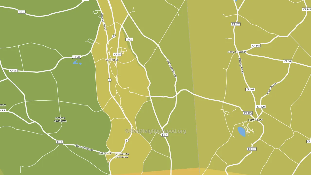 Map of the best neighborhoods in the Clayville area, with better matches in green and worse matches in red