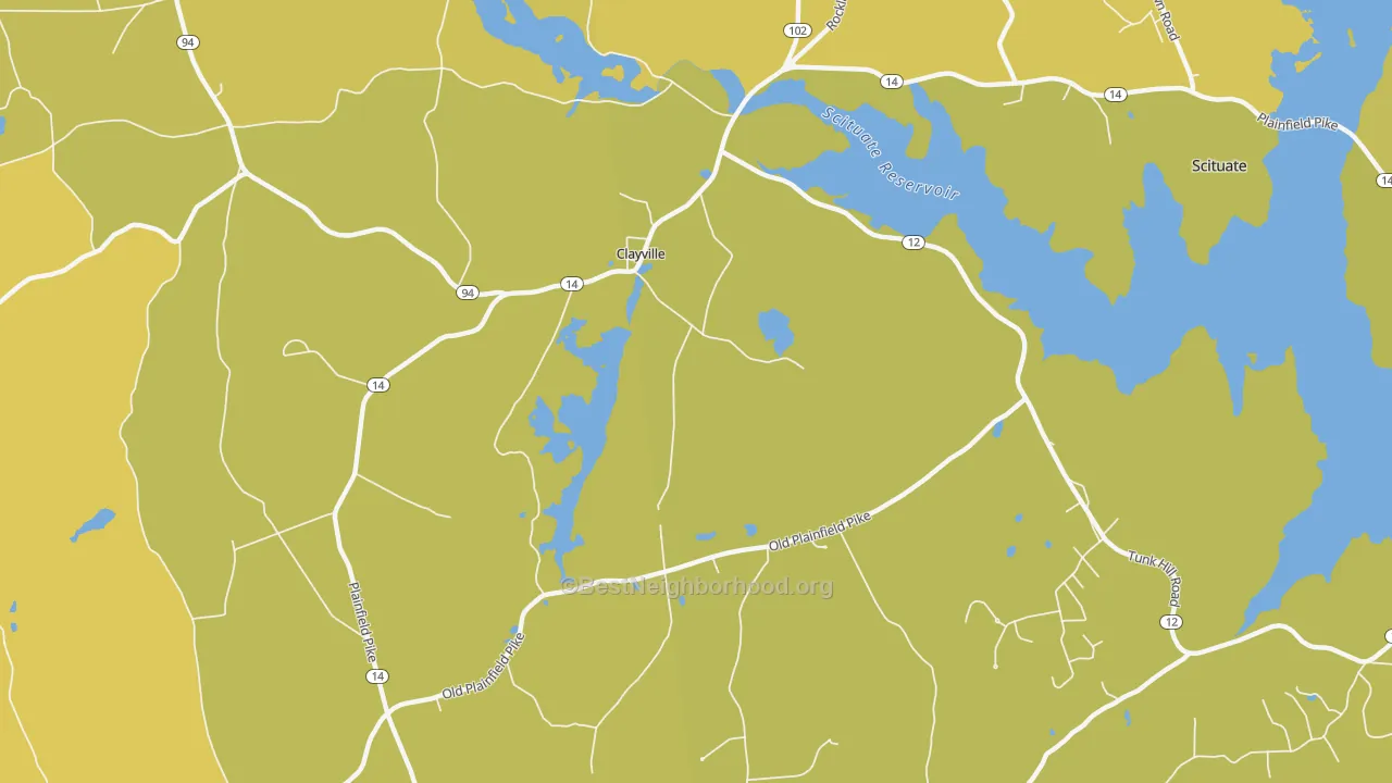 Map of the best neighborhoods in the Clayville area, with better matches in green and worse matches in red