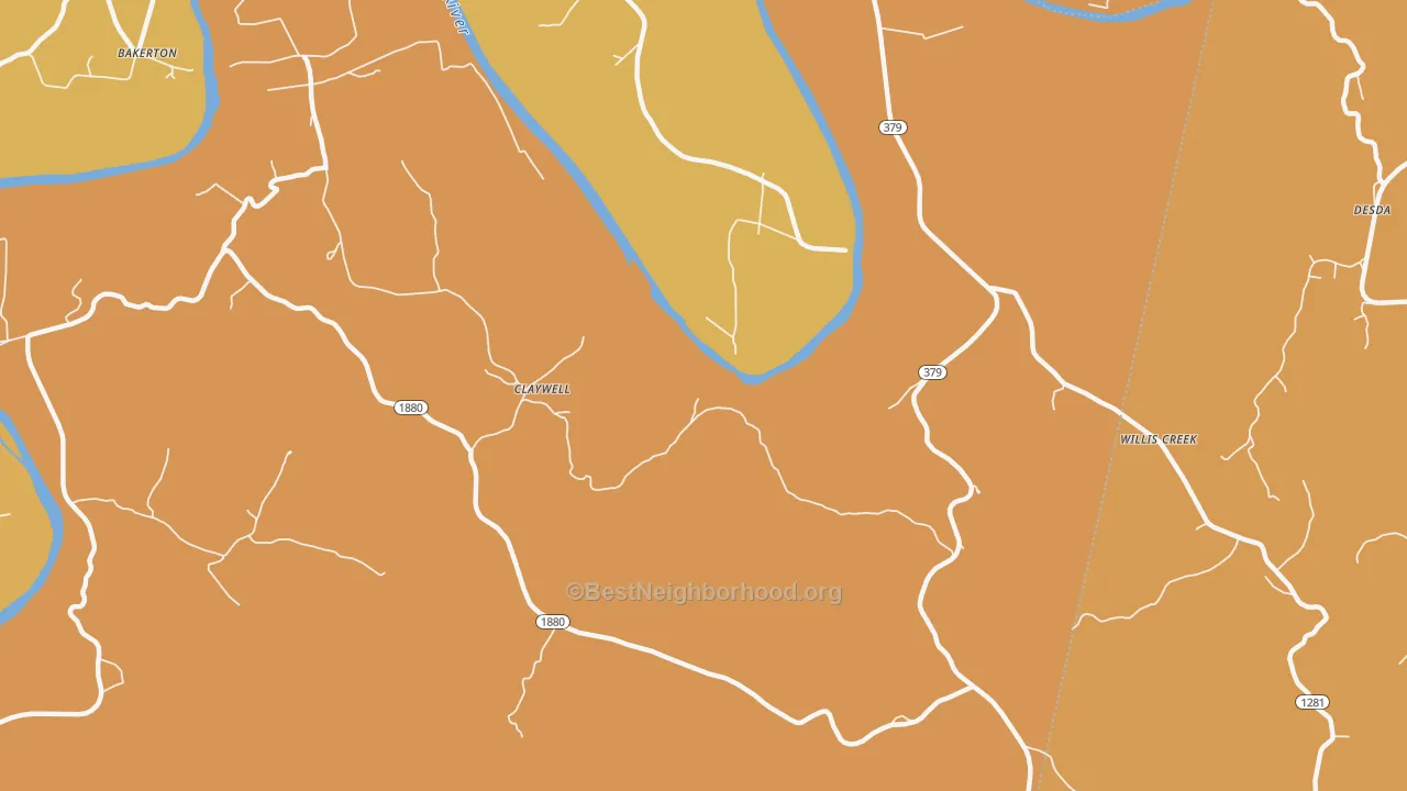 Map of the best neighborhoods in the Claywell area, with better matches in green and worse matches in red