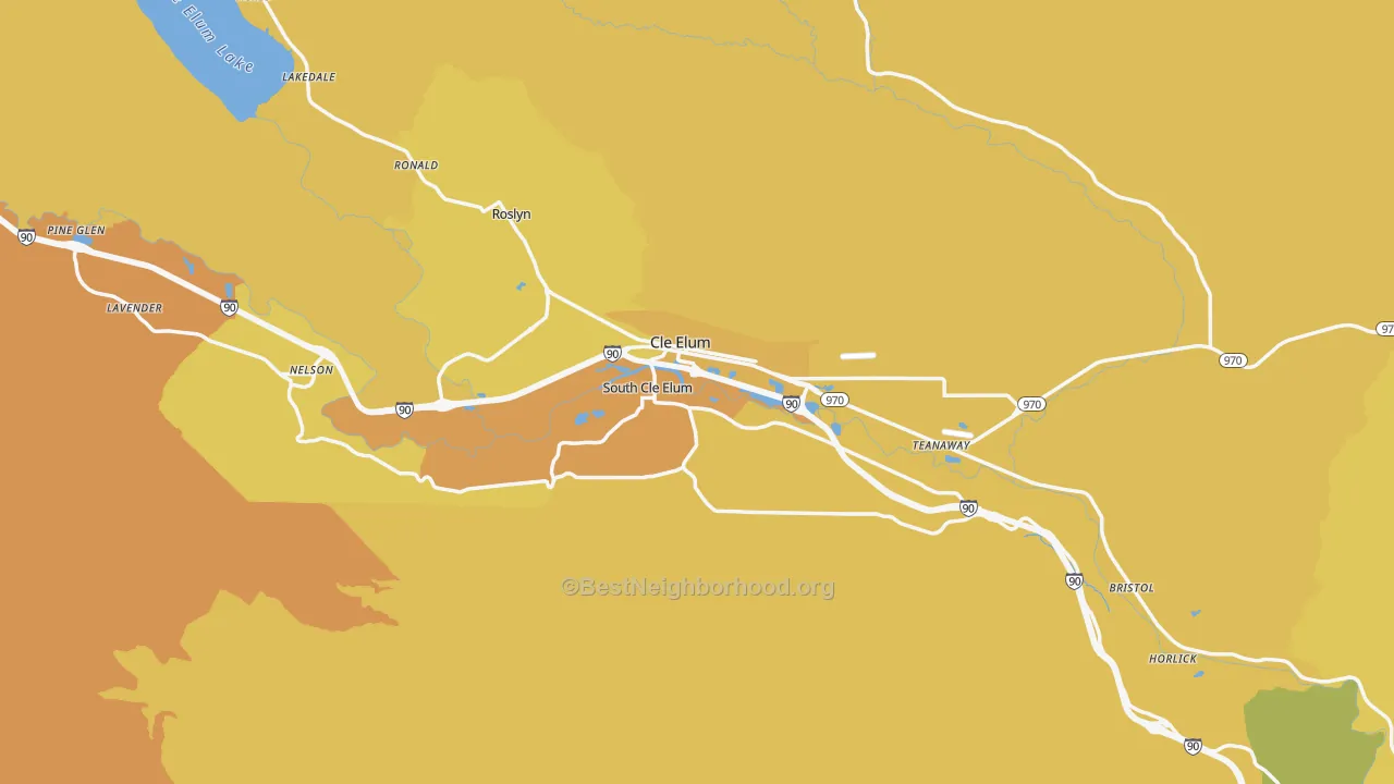Map of the best neighborhoods in the Cle Elum area, with better matches in green and worse matches in red