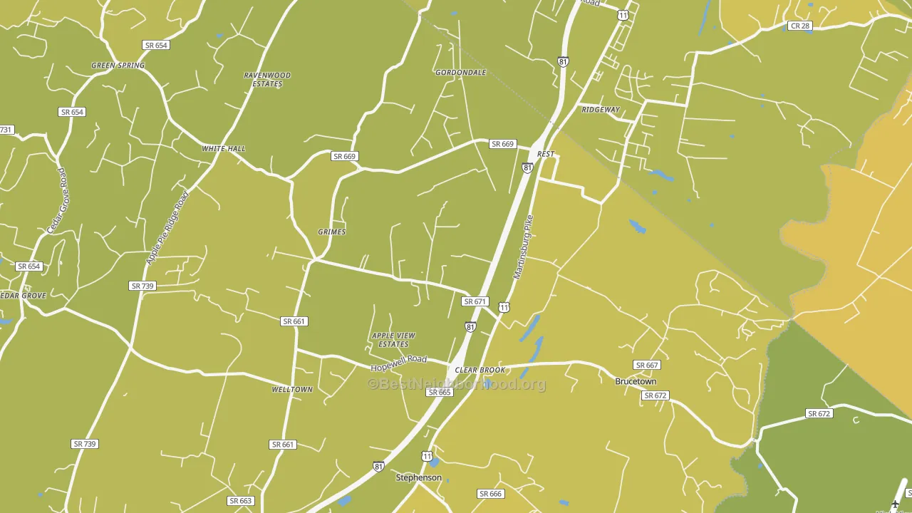 Map of the best neighborhoods in the Clear Brook area, with better matches in green and worse matches in red