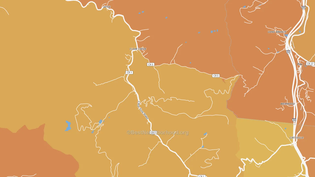 Map of the best neighborhoods in the Clear Creek area, with better matches in green and worse matches in red