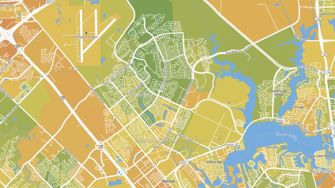 Map of the best neighborhoods in the Clear Lake, Houston area, with better matches in green and worse matches in red