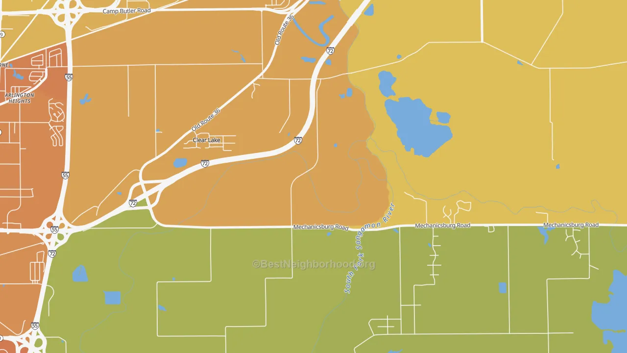 Map of the best neighborhoods in the Clear Lake area, with better matches in green and worse matches in red