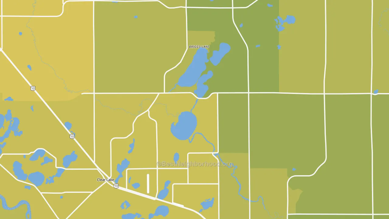Map of the best neighborhoods in the Clear Lake area, with better matches in green and worse matches in red