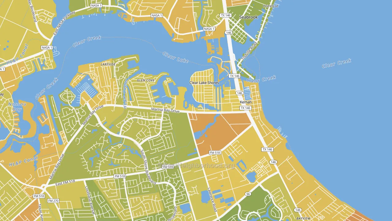 Map of the best neighborhoods in the Clear Lake Shores area, with better matches in green and worse matches in red