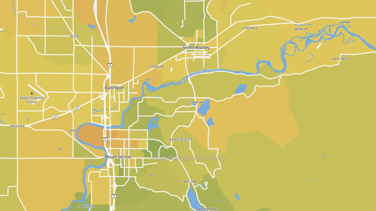 Map of the best neighborhoods in the Clear Lake area, with better matches in green and worse matches in red