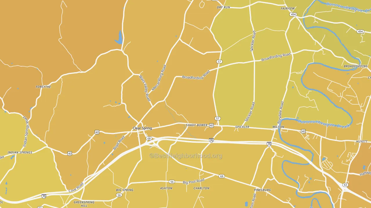 Map of the best neighborhoods in the Clear Spring area, with better matches in green and worse matches in red