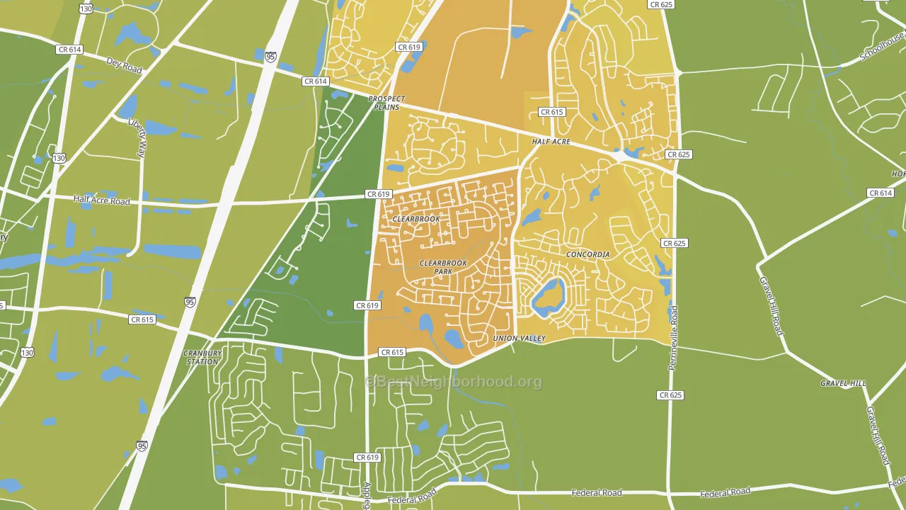 Map of the best neighborhoods in the Clearbrook Park area, with better matches in green and worse matches in red