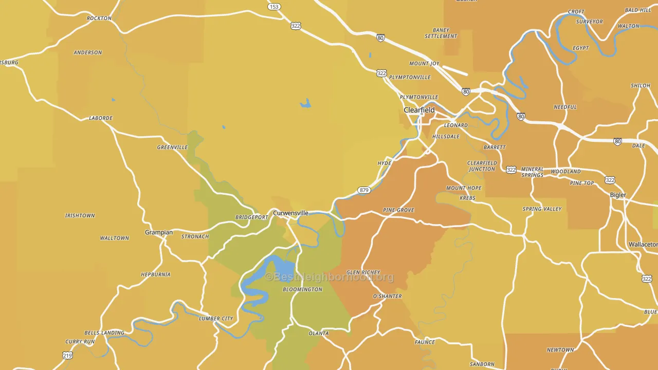 Map of the best neighborhoods in the Clearfield County area, with better matches in green and worse matches in red