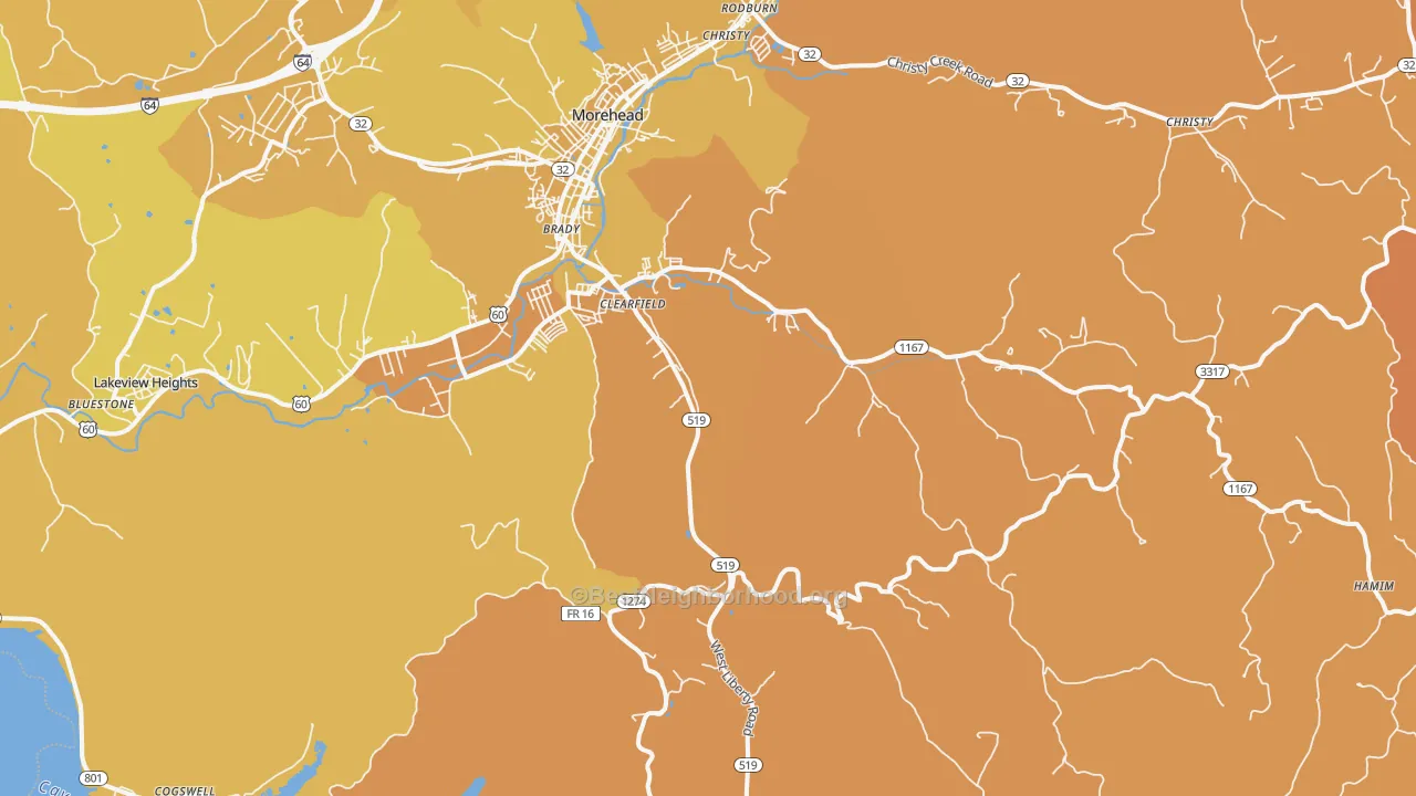 Map of the best neighborhoods in the Clearfield area, with better matches in green and worse matches in red