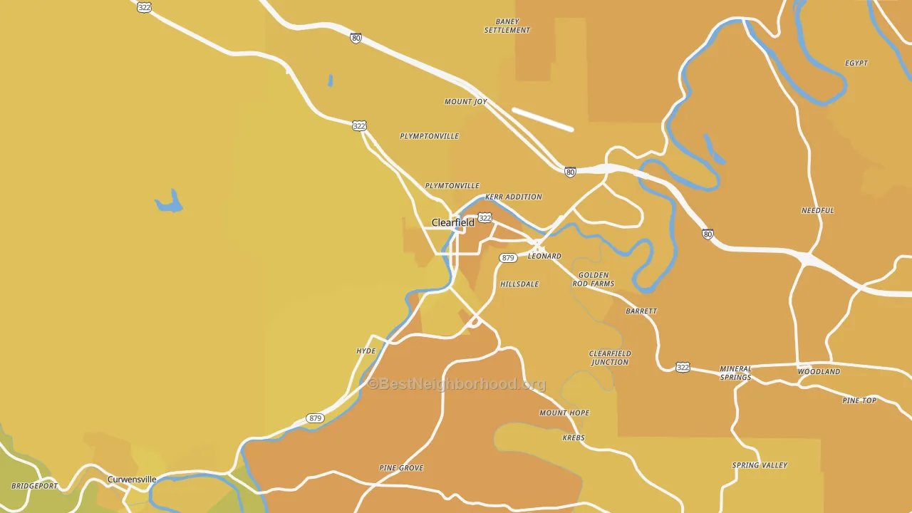 Map of the best neighborhoods in the Clearfield area, with better matches in green and worse matches in red