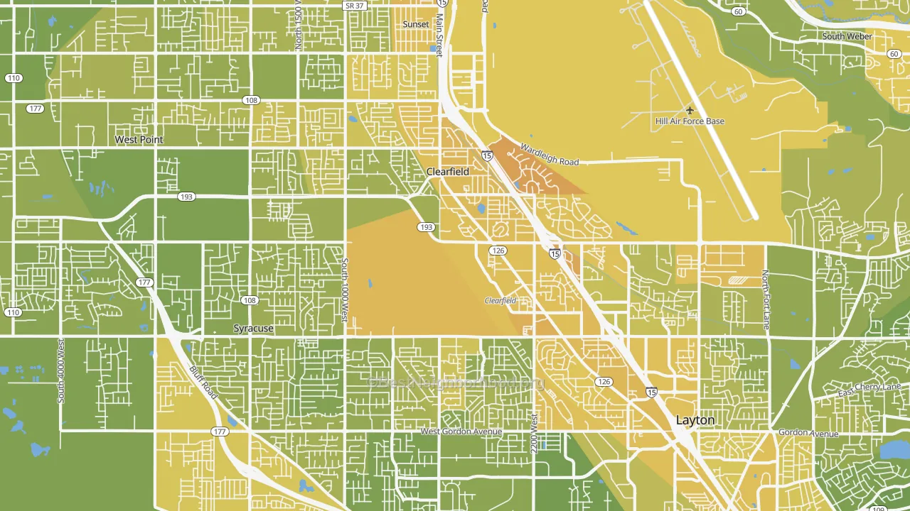 Map of the best neighborhoods in the Clearfield area, with better matches in green and worse matches in red