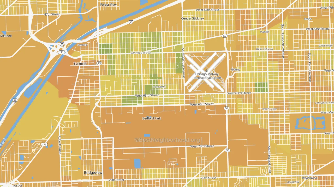 Map of the best neighborhoods in the Clearing, Chicago area, with better matches in green and worse matches in red
