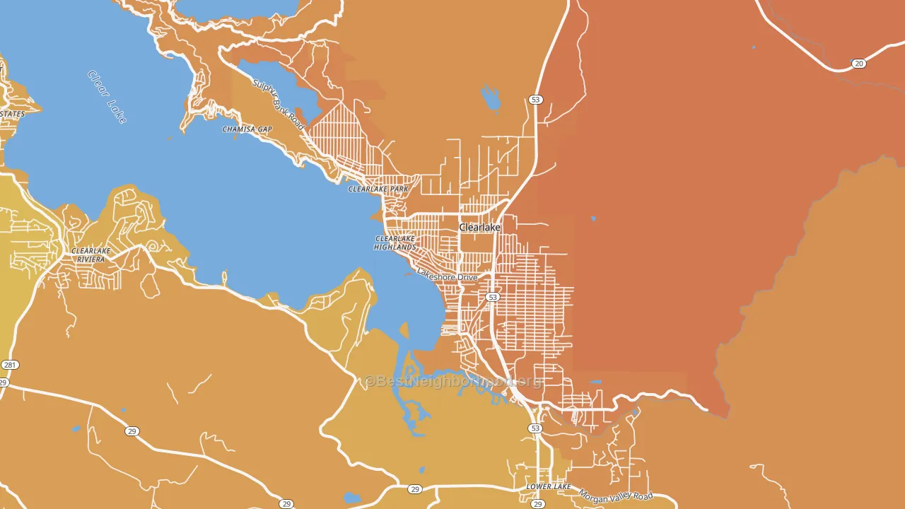 Map of the best neighborhoods in the Clearlake area, with better matches in green and worse matches in red