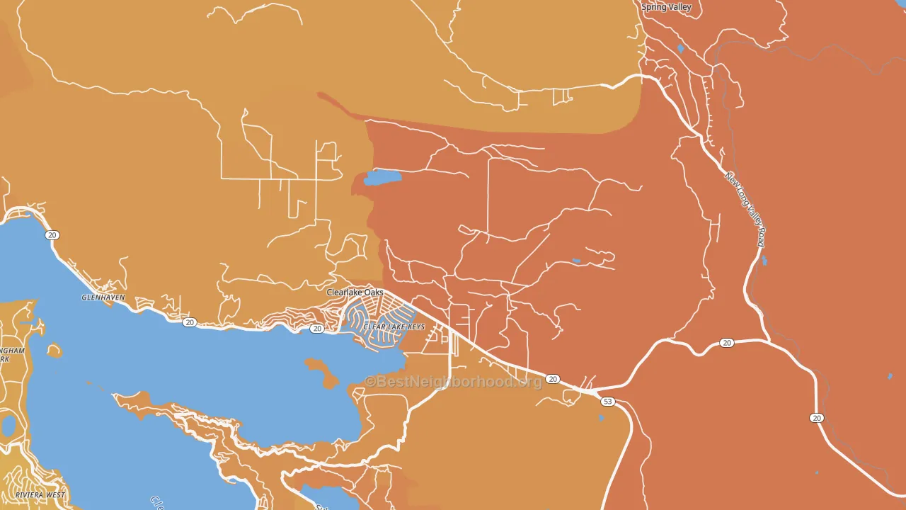 Map of the best neighborhoods in the Clearlake Oaks area, with better matches in green and worse matches in red