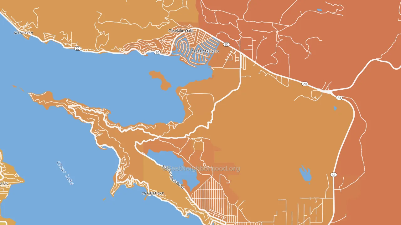 Map of the best neighborhoods in the Clearlake Park area, with better matches in green and worse matches in red