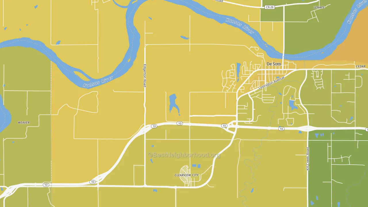 Map of the best neighborhoods in the Clearview City area, with better matches in green and worse matches in red