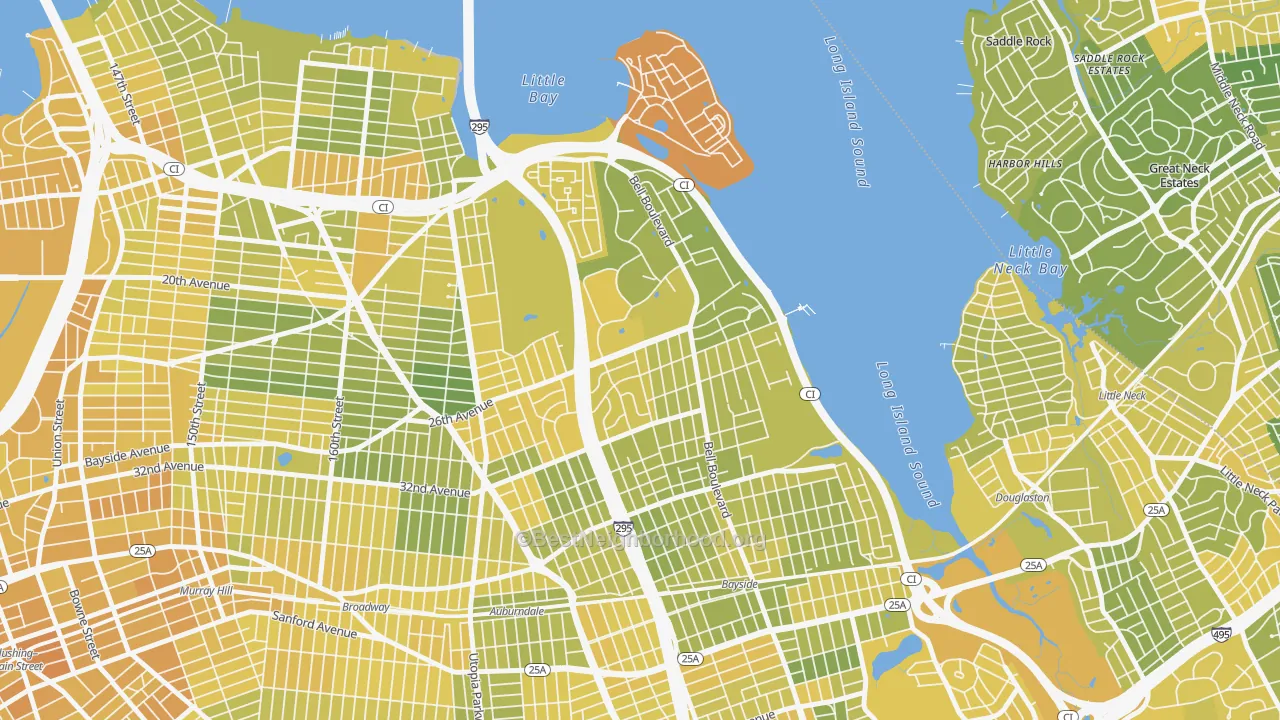 Map of the best neighborhoods in the Clearview, Queens area, with better matches in green and worse matches in red