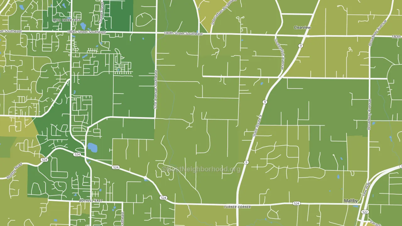 Map of the best neighborhoods in the Clearview area, with better matches in green and worse matches in red