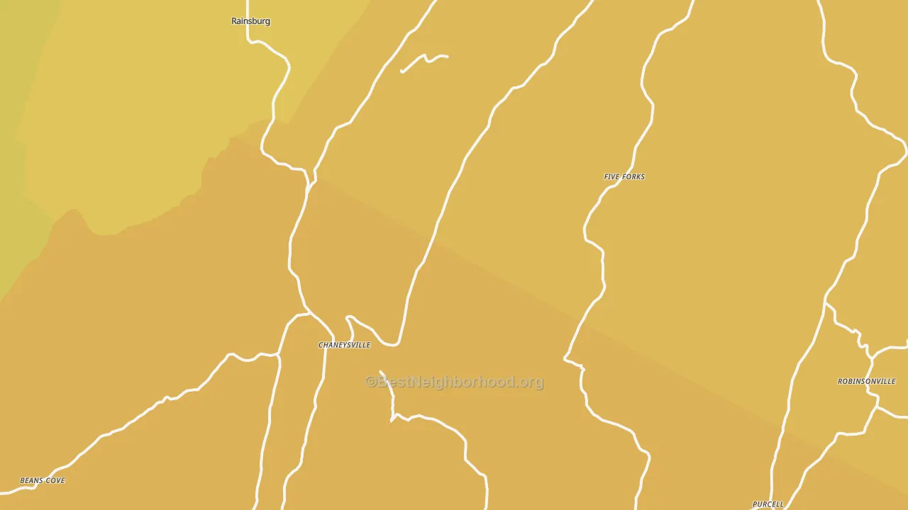 Map of the best neighborhoods in the Clearville area, with better matches in green and worse matches in red