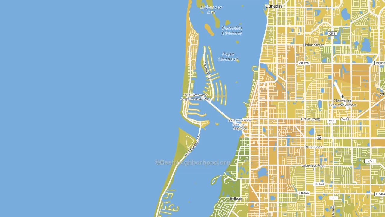 Map of the best neighborhoods in the Clearwater Beach area, with better matches in green and worse matches in red