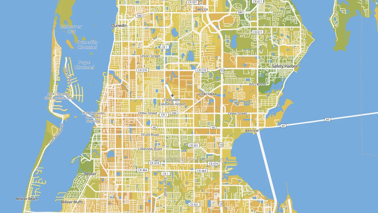 Map of the best neighborhoods in the Clearwater area, with better matches in green and worse matches in red
