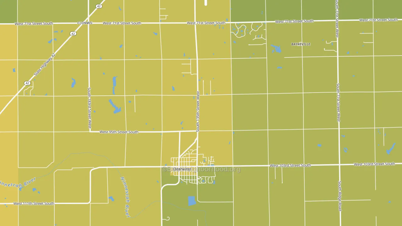 Map of the best neighborhoods in the Clearwater area, with better matches in green and worse matches in red
