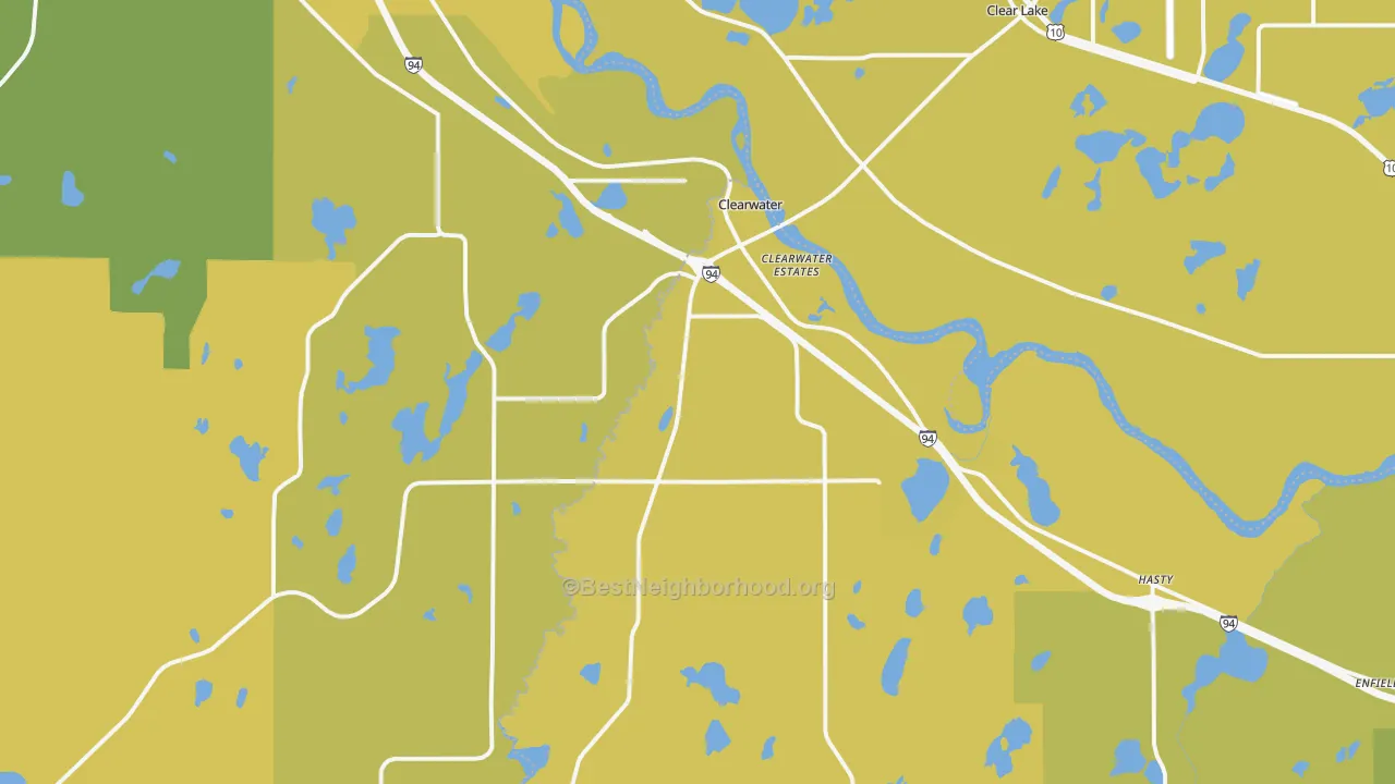 Map of the best neighborhoods in the Clearwater area, with better matches in green and worse matches in red