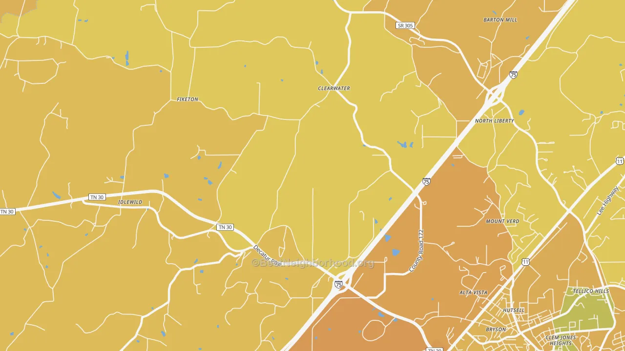 Map of the best neighborhoods in the Clearwater area, with better matches in green and worse matches in red
