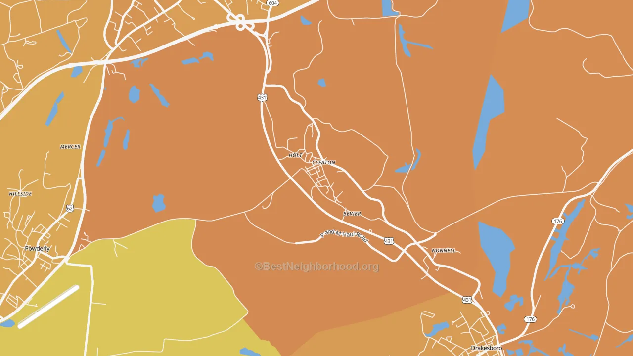 Map of the best neighborhoods in the Cleaton area, with better matches in green and worse matches in red