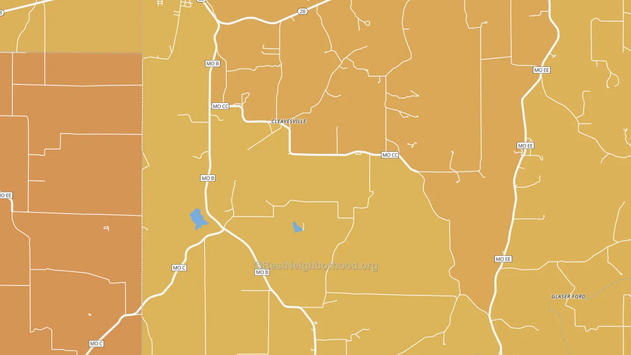 Map of the best neighborhoods in the Cleavesville area, with better matches in green and worse matches in red