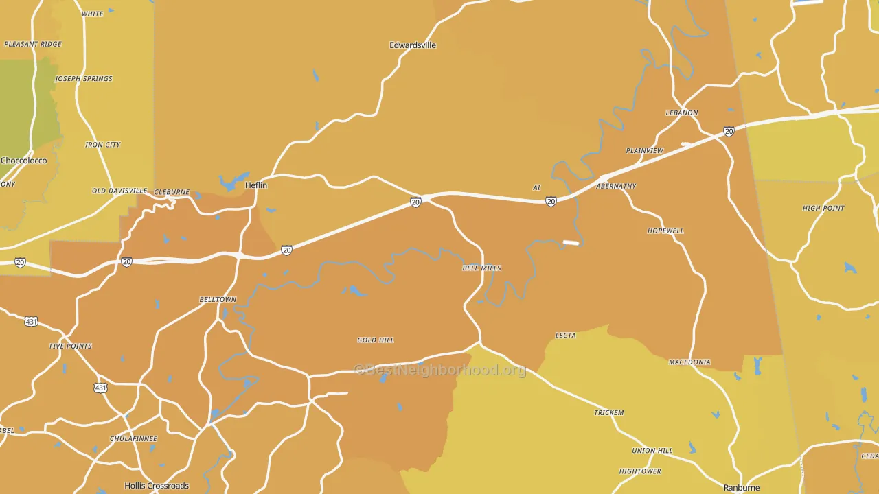 Map of the best neighborhoods in the Cleburne County area, with better matches in green and worse matches in red