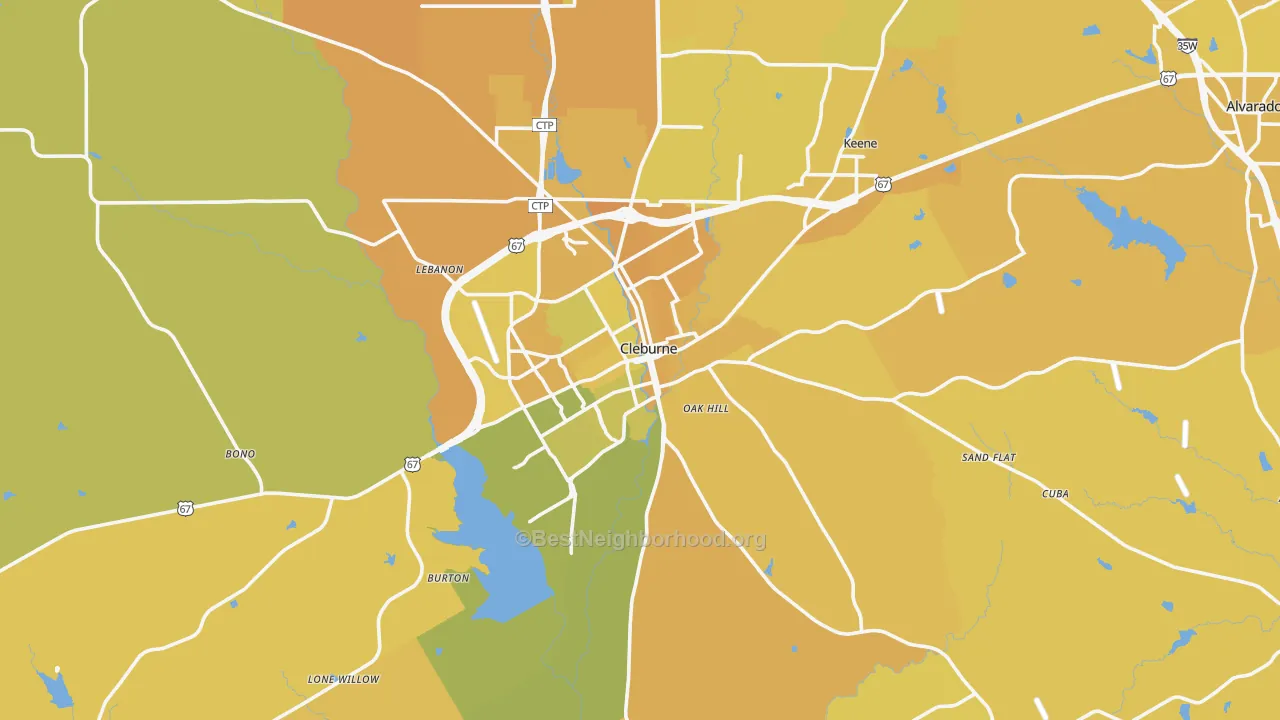 Map of the best neighborhoods in the Cleburne area, with better matches in green and worse matches in red