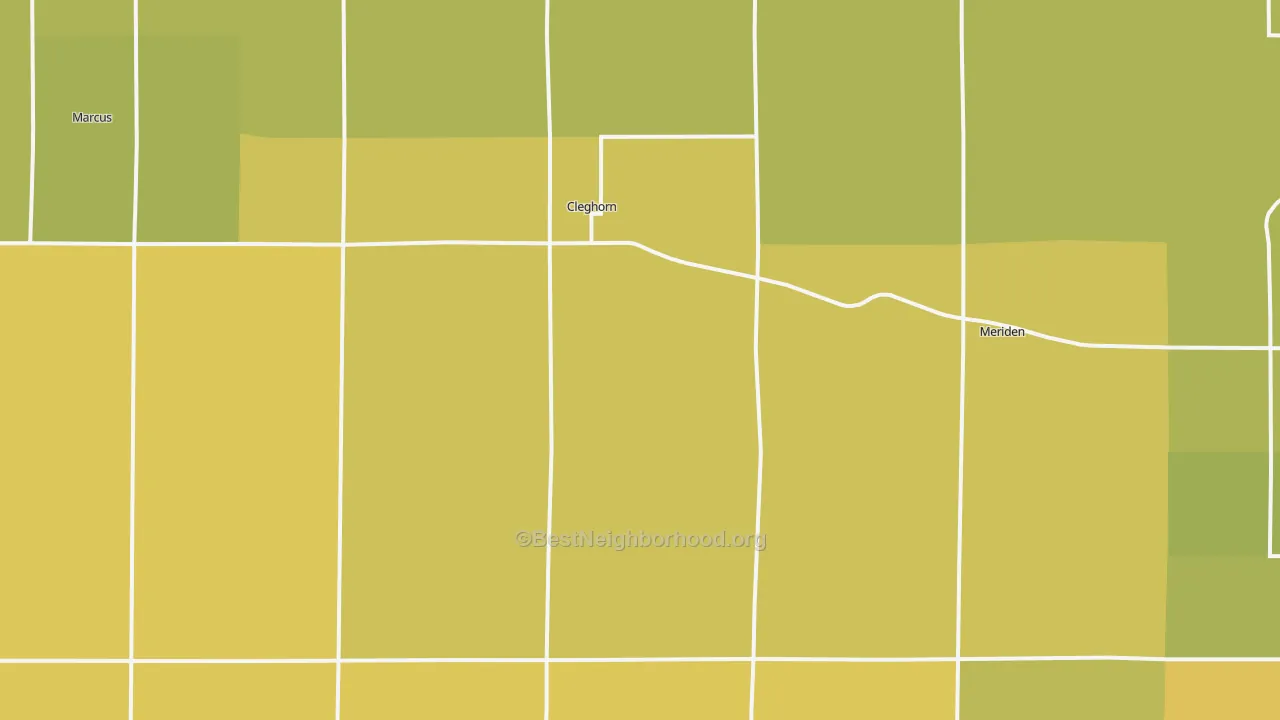 Map of the best neighborhoods in the Cleghorn area, with better matches in green and worse matches in red