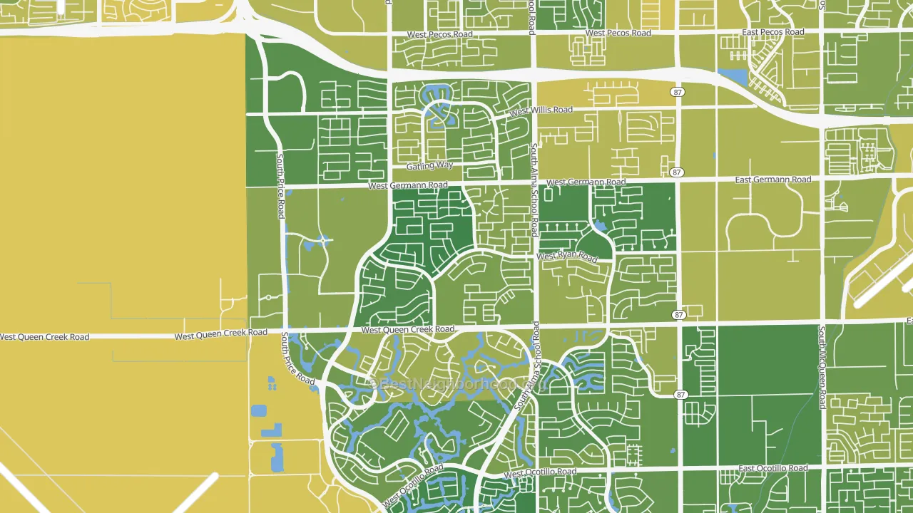 Map of the best neighborhoods in the Clemente Ranch, Chandler area, with better matches in green and worse matches in red