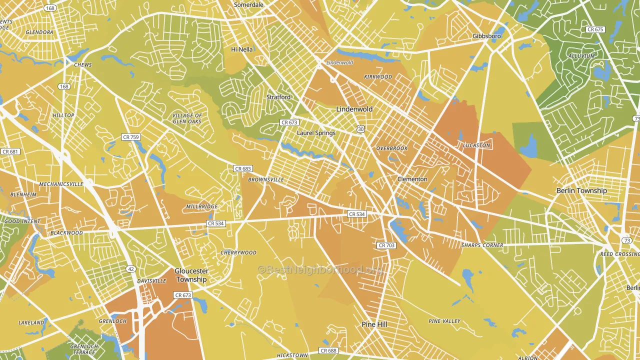 Map of the best neighborhoods in the Clementon area, with better matches in green and worse matches in red