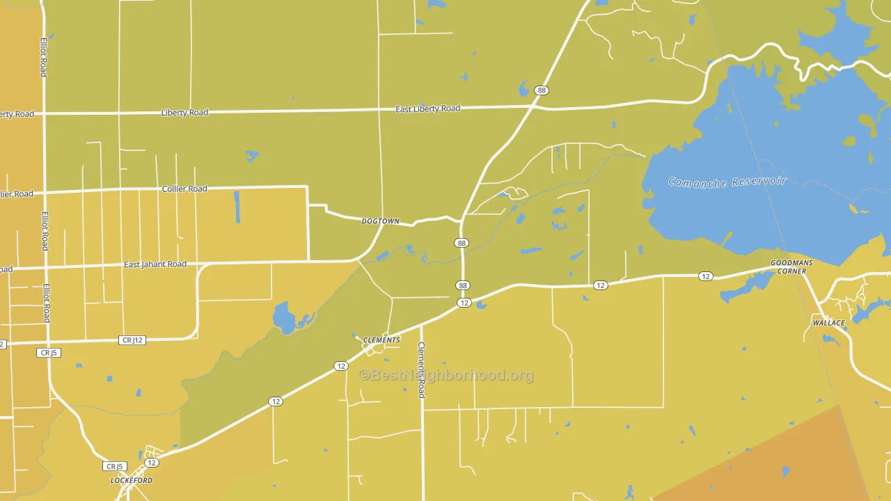 Map of the best neighborhoods in the Clements area, with better matches in green and worse matches in red