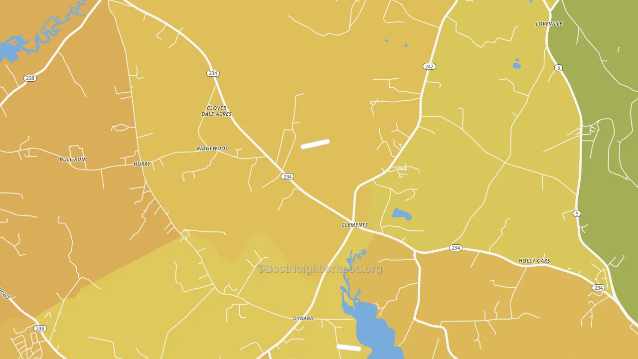 Map of the best neighborhoods in the Clements area, with better matches in green and worse matches in red
