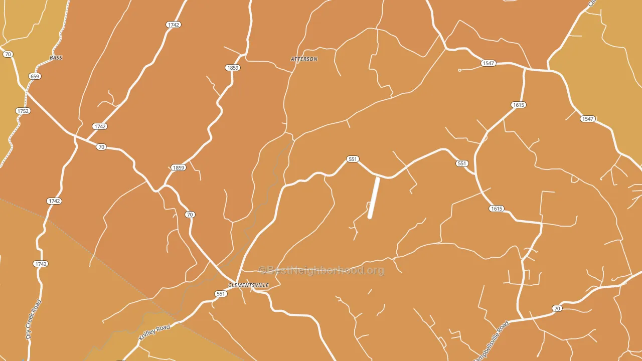 Map of the best neighborhoods in the Clementsville area, with better matches in green and worse matches in red
