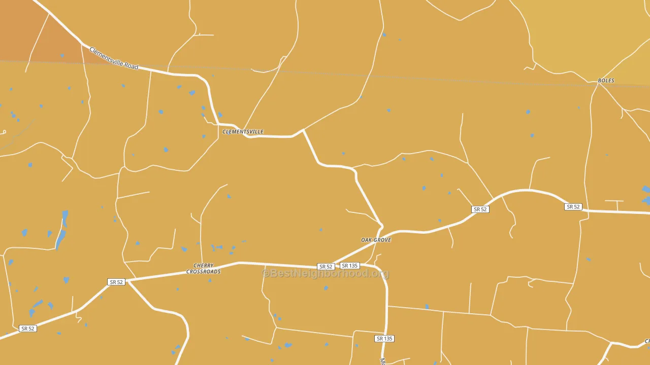 Map of the best neighborhoods in the Clementsville area, with better matches in green and worse matches in red