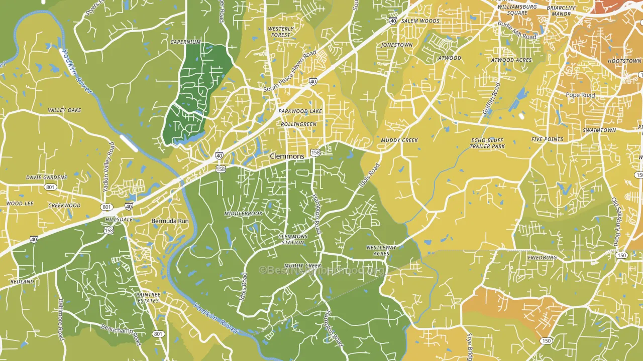 Map of the best neighborhoods in the Clemmons area, with better matches in green and worse matches in red