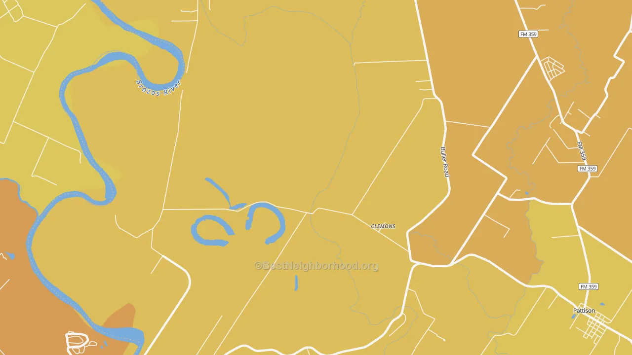 Map of the best neighborhoods in the Clemons area, with better matches in green and worse matches in red