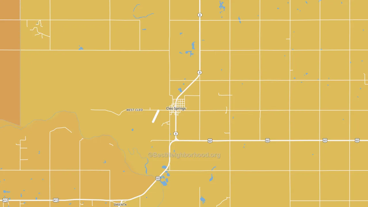 Map of the best neighborhoods in the Cleo Springs area, with better matches in green and worse matches in red