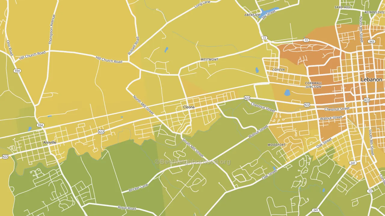 Map of the best neighborhoods in the Cleona area, with better matches in green and worse matches in red