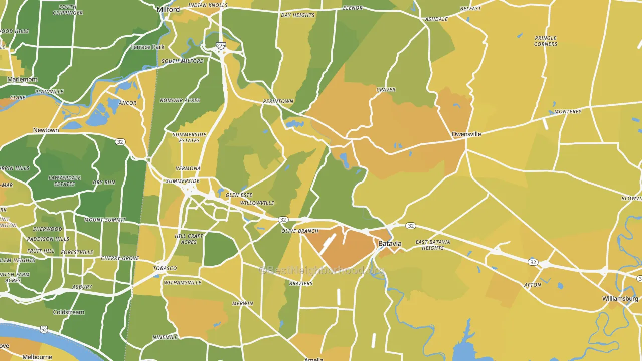Map of the best neighborhoods in the Clermont County area, with better matches in green and worse matches in red