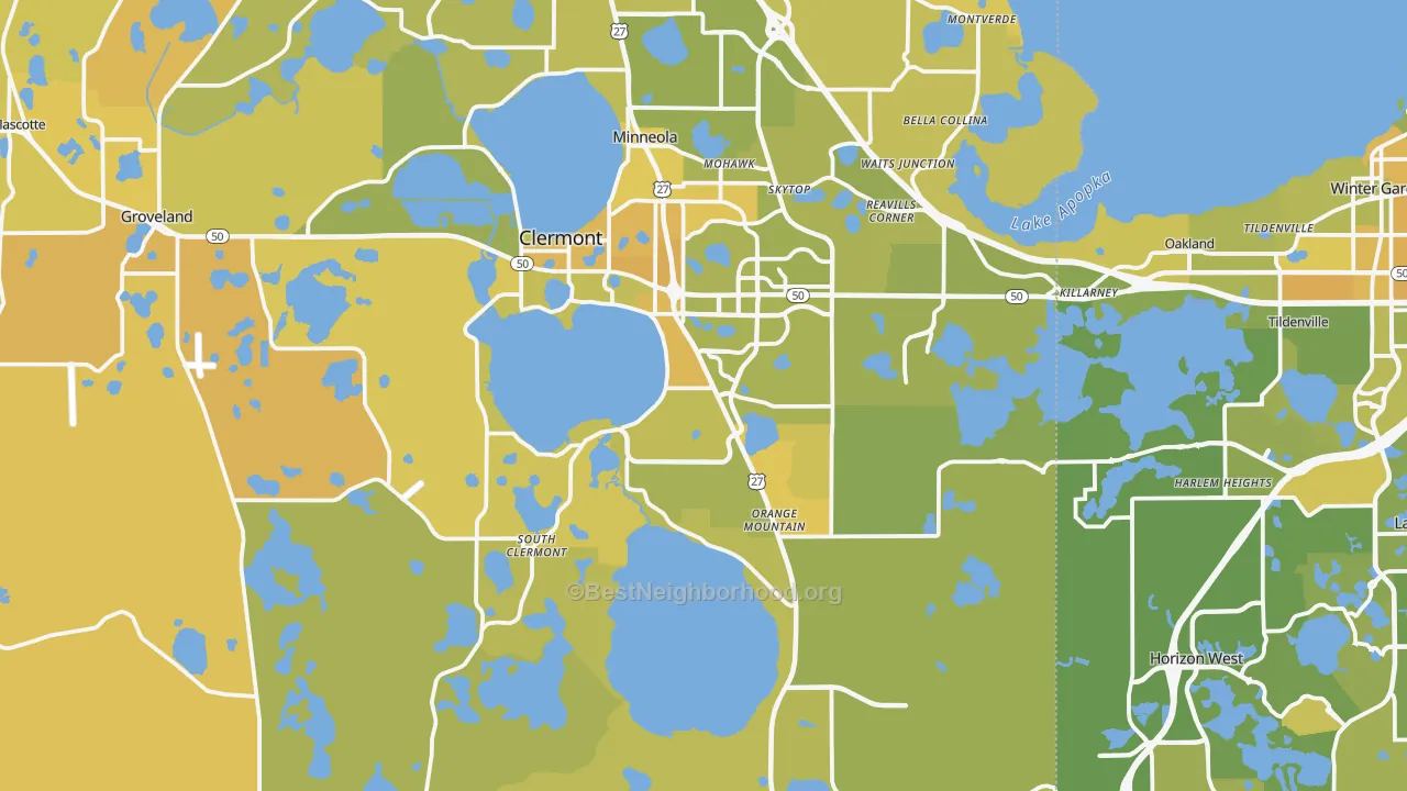 Map of the best neighborhoods in the Clermont area, with better matches in green and worse matches in red